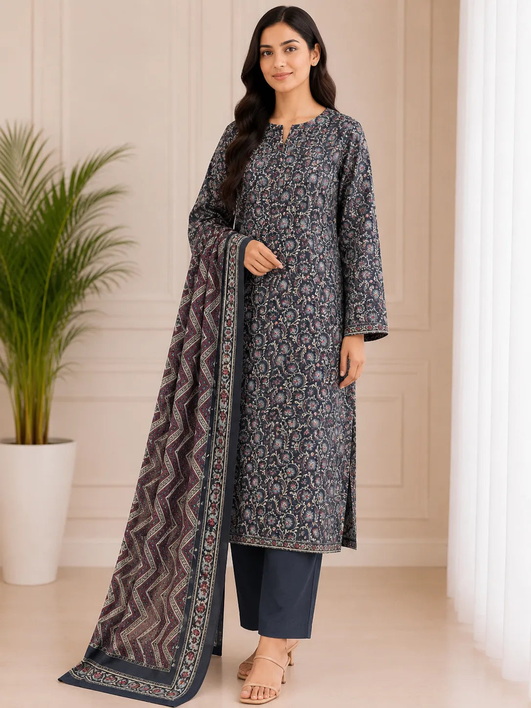 BinSaeed 3PC Stitched Original Lawn Dark Charcoal