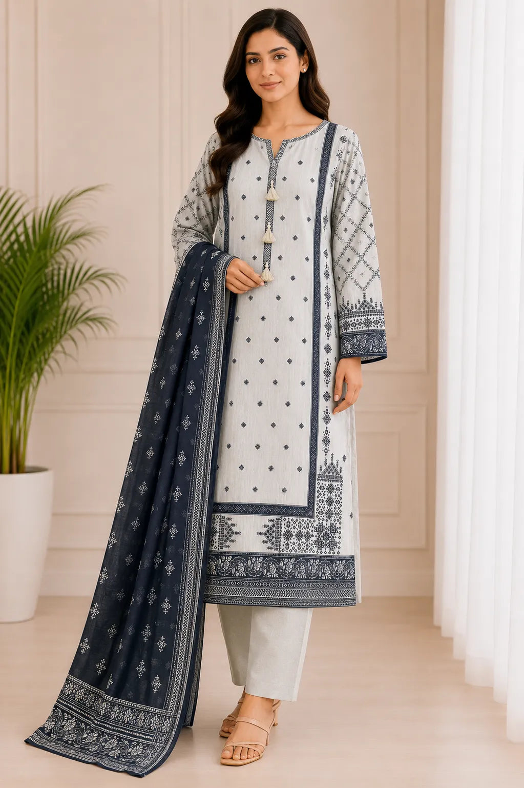 BinSaeed 3PC Stitched Original Lawn Light Grey