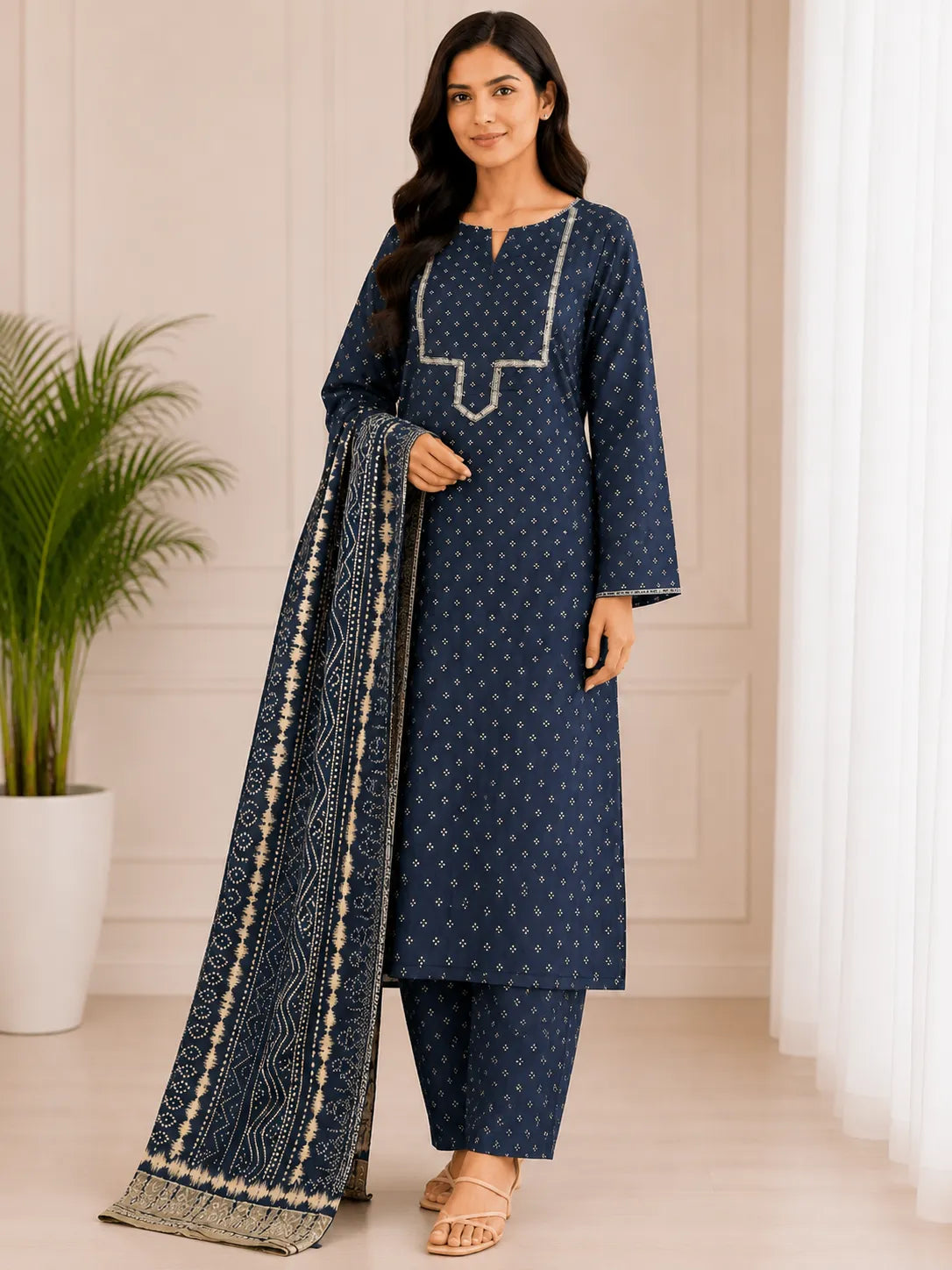 BinSaeed 3PC Stitched Original Lawn Deep Blue