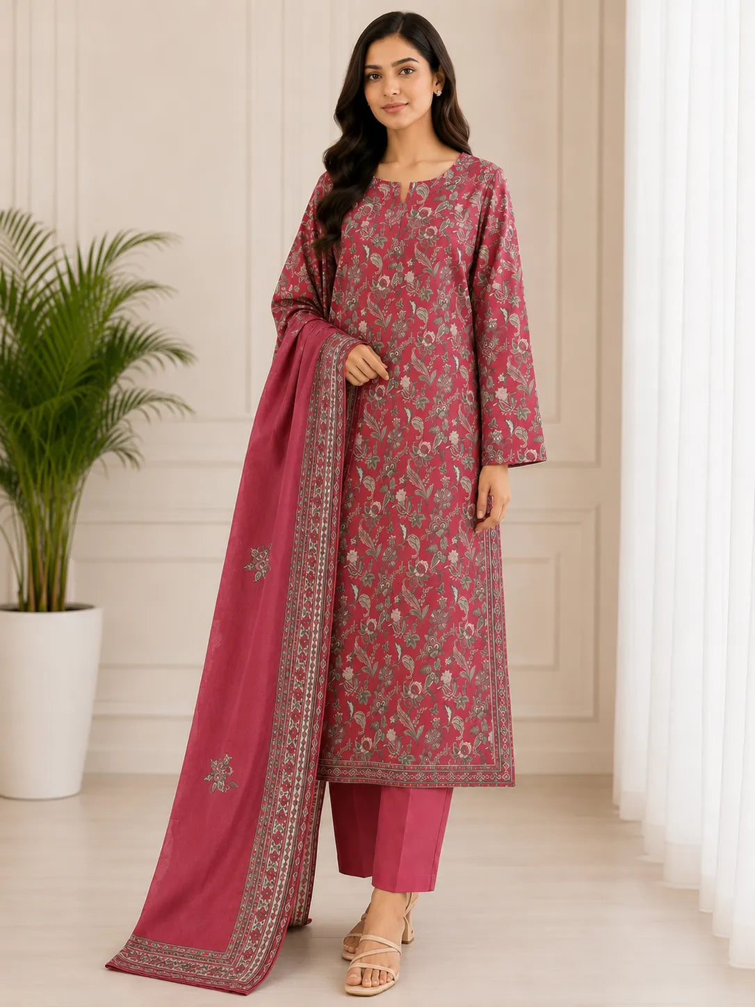 BinSaeed 3PC Stitched Original Lawn Deep Rose Pink