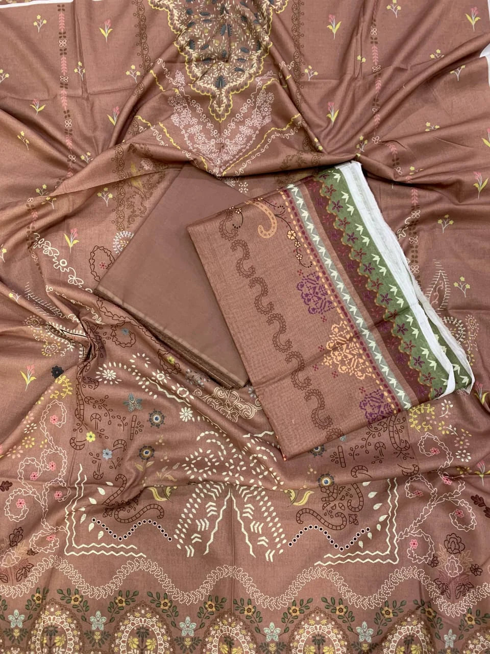 Florent Printed Lawn 3 PC - Mocha Brown