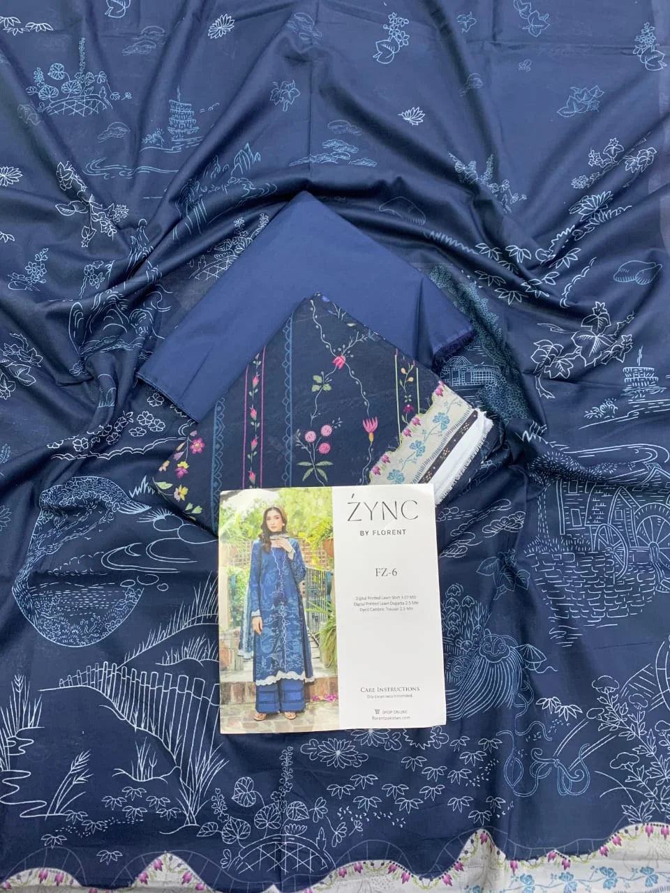 Florent Printed Lawn 3 PC - Navy Blue